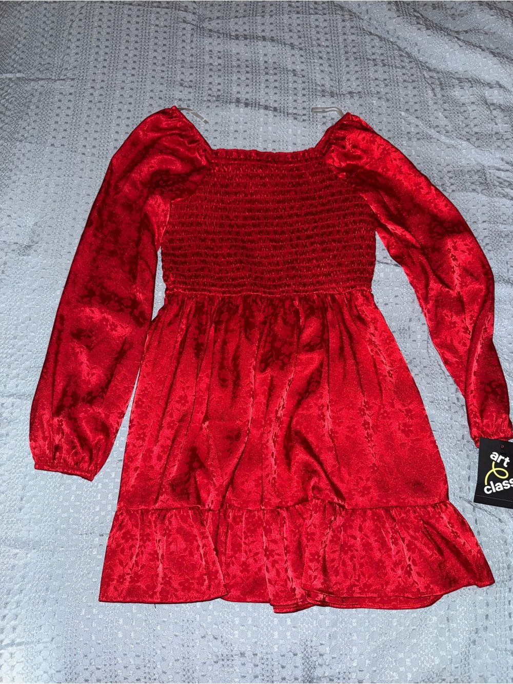 art class Red Smocked Tiered Dress with Puff Detailing